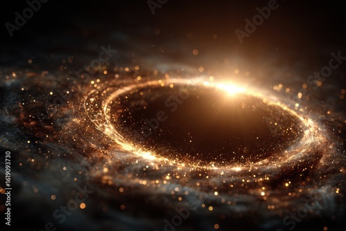Golden light shines brightly in a stream of stardust, illuminating a dark background, emitting rays of ethereal radiance