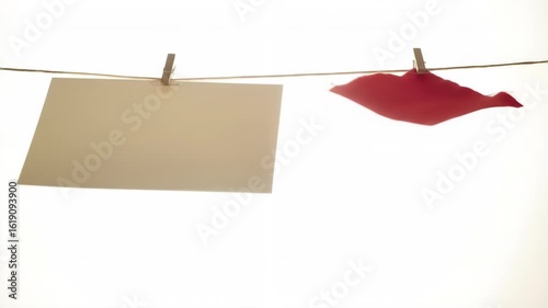 Neutral scene of a string holding a white square and a red diamond shape against a bright white background. A minimalist concept with two objects hanging on a string.