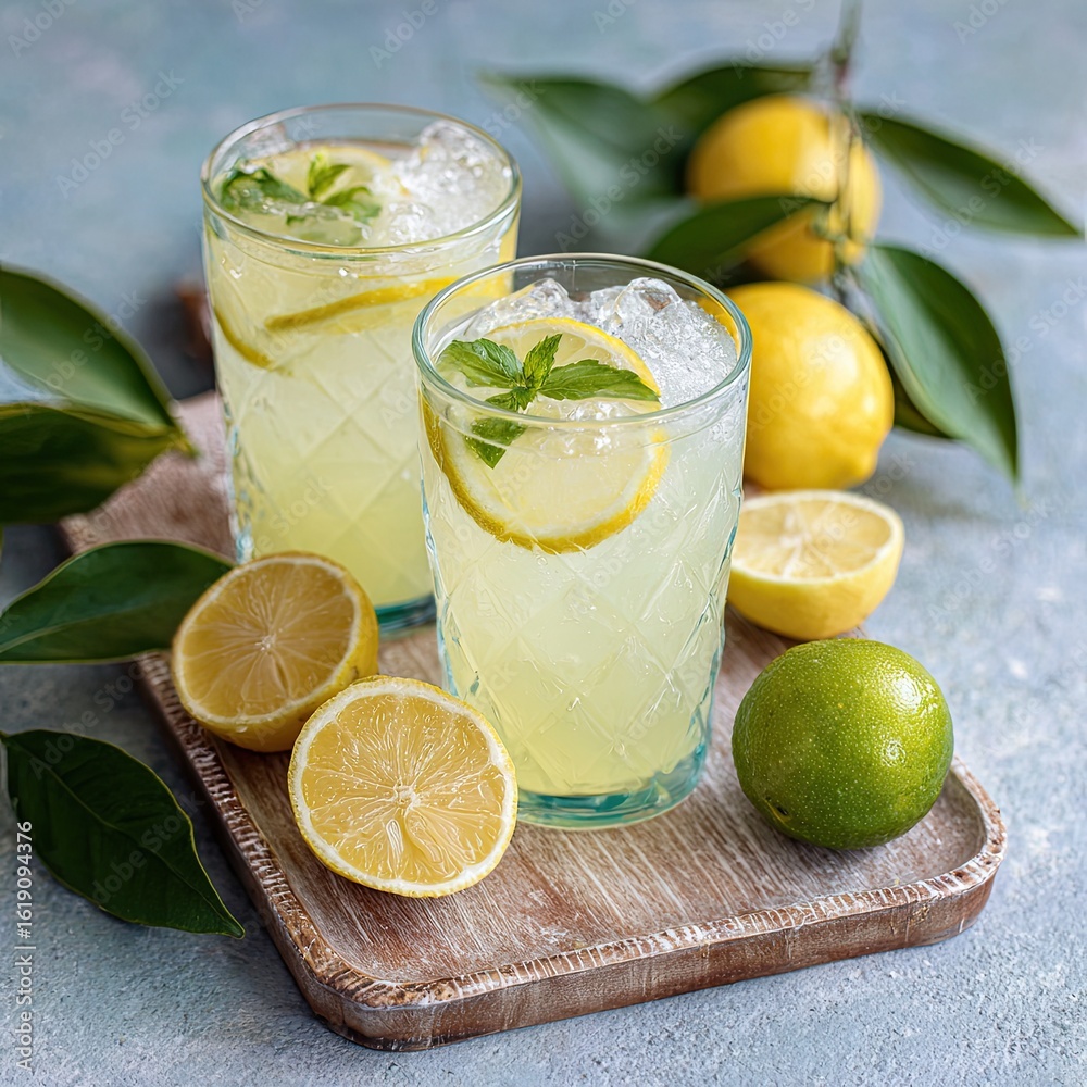 Refreshing Lemonade Drinks on Wooden Board Refreshing Lemonade Drinks on Wooden Board