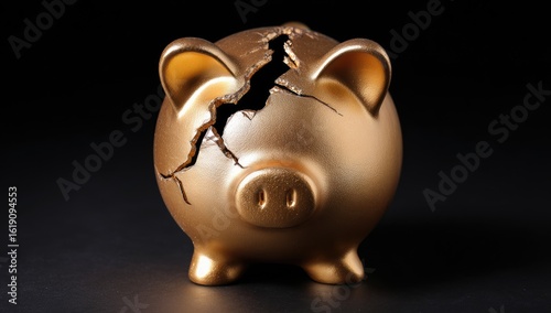 A golden piggy bank with a large crack