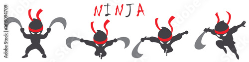 Cute ninja character set with dual sickles and playful lettering

