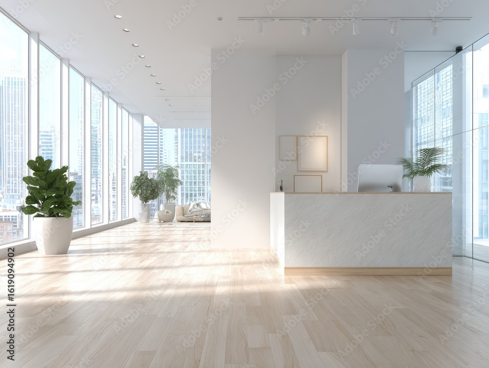 Fototapeta premium Modern, bright office lobby with city views