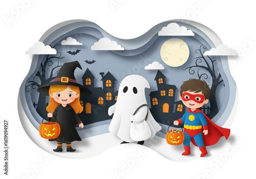 Paper Cut Out Style Illustration of Trick or Treat Scene with Children in Costumes
