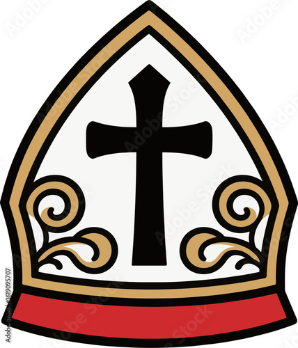 Bishop Mitre Vector Icon with Black Cross and Golden Swirls – Religious Clergy Hat Illustration with Red Accent