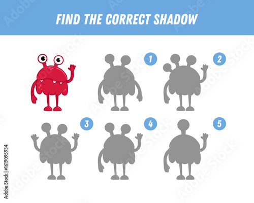 Find correct shadow of cute monster. Educational logical game for kids. Halloween game. Cartoon monster. Vector
