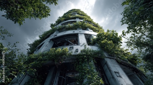 Overgrown Concrete Building Conquered by Lush Vegetation Under an Overcast Sky