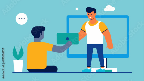 Exercise Guidance An illustration of a virtual trainer guiding a person through a workout on a screen highlighting fitness support provided by the health assistant.