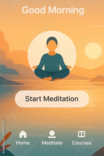 Peaceful Morning Meditation App Interface with Tranquil Background