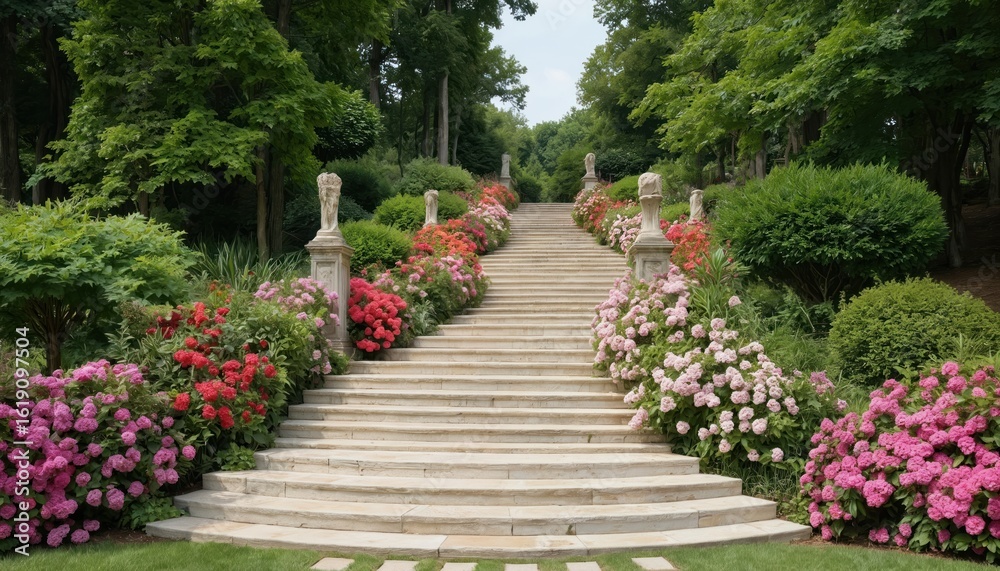 Elegant baroque garden features grand stone staircase framed by rich pink, red flowers, vibrant greenery, ornate statues. Clear blue sky overhead, serene scene with sophistication, natural beauty. Elegant baroque garden features grand stone staircase framed by rich pink, red flowers, vibrant greenery, ornate statues. Clear blue sky overhead, serene scene with sophistication, natural beauty.