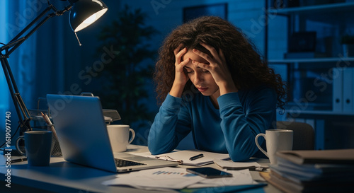 Frustrated woman working late at desk with laptop and papers