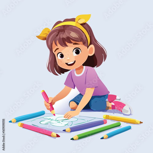 A young girl with a headband is drawing on paper with colored pencils, smiling happily.