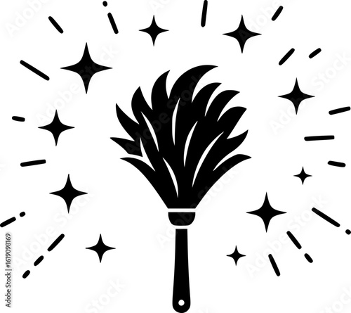 Black feather duster surrounded by sparkle stars enhances the cleaning theme effectively and minimalist