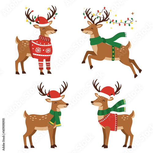 Four cartoon reindeer with christmas decorations on transparent background