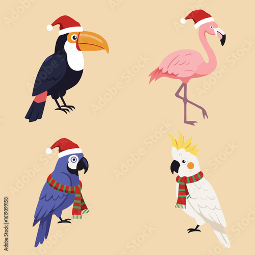 Four cartoon birds wearing christmas hats and scarves on transparent background