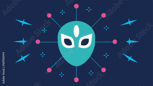 Energizing Mask An illustration of a mask with rays emanating from it suggesting revitalization combined with symbols of exosomes such as stylized cell icons.