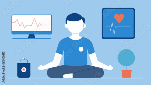 ECG Monitor A scene of someone relaxing at home with an ECG wearable chest s showing heart waveforms on a small digital display surrounded by a calm atmosphere.