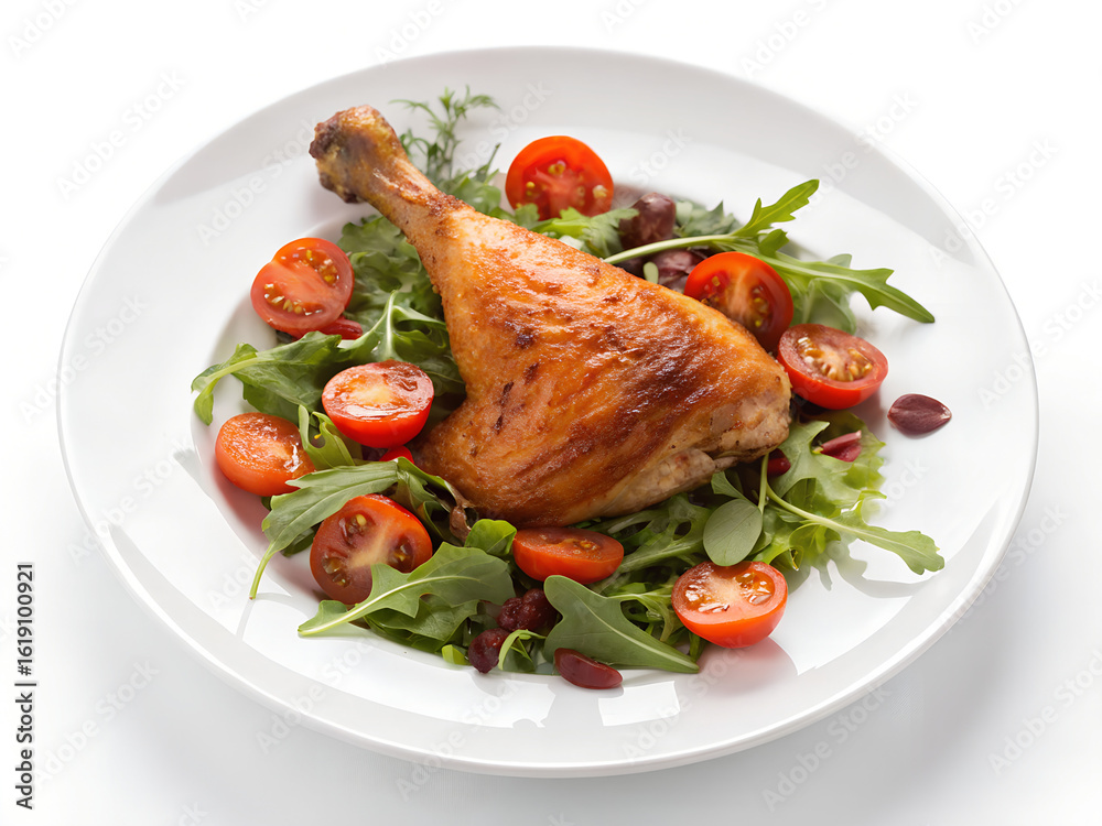 Roasted chicken leg with mixed greens and cherry tomatoes, white plate isolated Roasted chicken leg with mixed greens and cherry tomatoes, white plate isolated