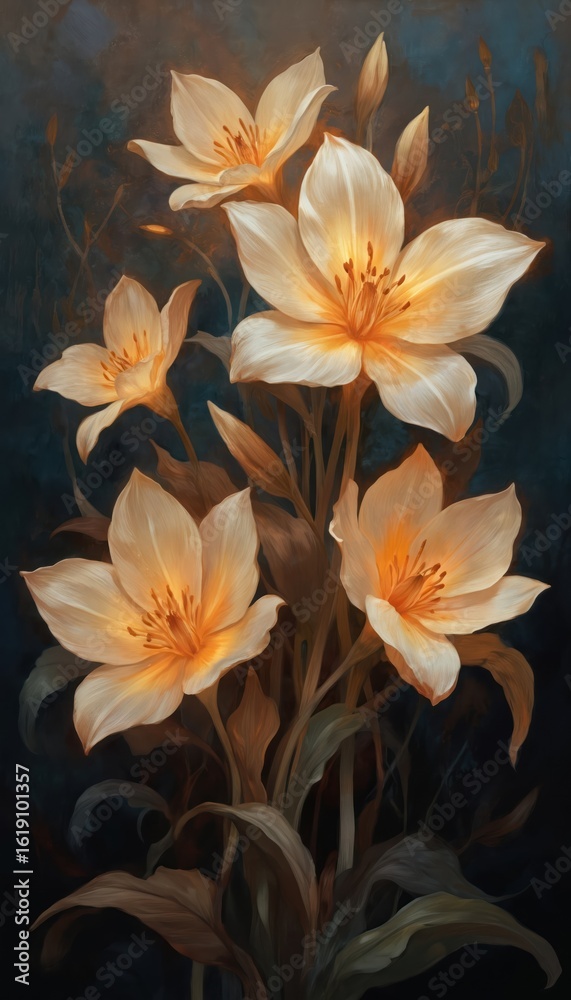 Fototapeta premium Delicate lilies bloom with warm orange centers, soft white petals, creating elegant floral display. Illustration features moody, dark background makes vibrant petals glow, suggesting gentle twilight
