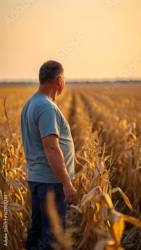 Man Contemplating a Ripe Cornfield at Sunset photo