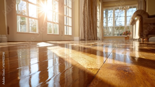 Sunlight streams onto polished hardwood floors