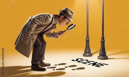 Investigator Examining Footprints at a Scene with Magnifying Glass