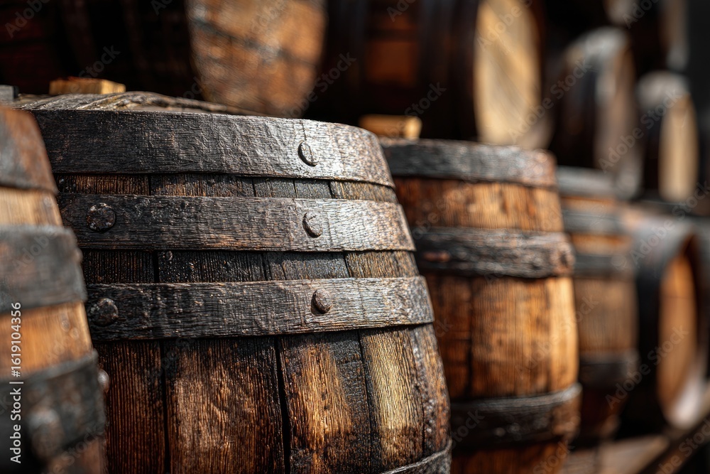 Naklejka premium Aged wooden barrels in a row