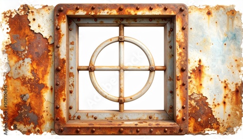 Oxidized Metal Square Frame with Circular Grid in the Middle of Rusty Panels and White Background