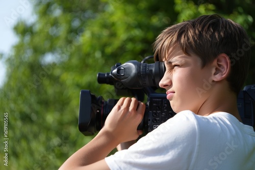 Boy filming with professional camera outdoors for video production and filmmaking work