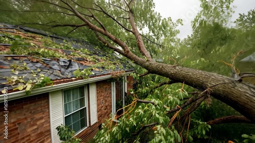 Fallen tree crushing a residential house roof after storm damage, Large fallen tree crushing a residential house after a storm, Damaged house with fallen trees after a storm, 4k video