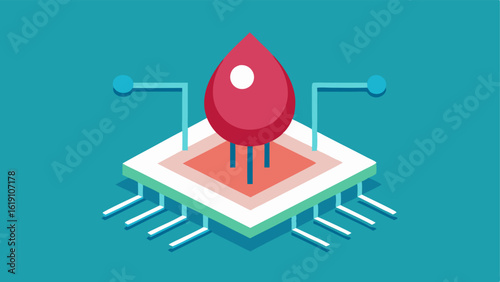 Droplet Introduction An illustration of a 3D droplet of or saliva being p onto the chip with arrows depicting its movement into the microchannels.