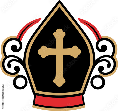 Gold Cross Bishop Mitre with Red and Black Ornamental Swirls – Religious Vector Icon Illustration