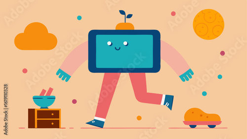 BingeWatcher An oversized TV with chunky cartoonish legs plodding through a cozy home environment. The display shows a marathon of classic sitcoms with laughter icons popping up