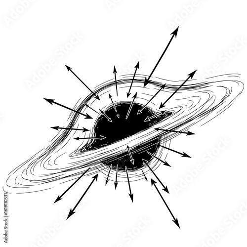 Illustration of a cosmic entity with arrows radiating outward in a circular pattern around it