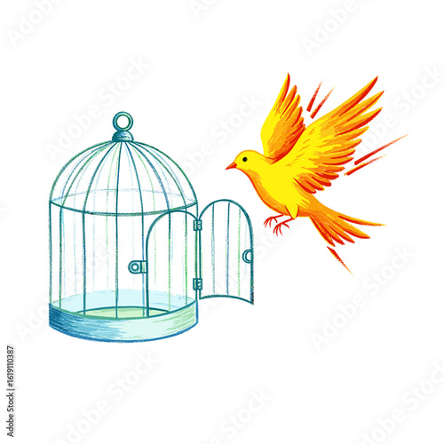 Illustration featuring a yellow bird flying away from an open cage with its wings spread wide open