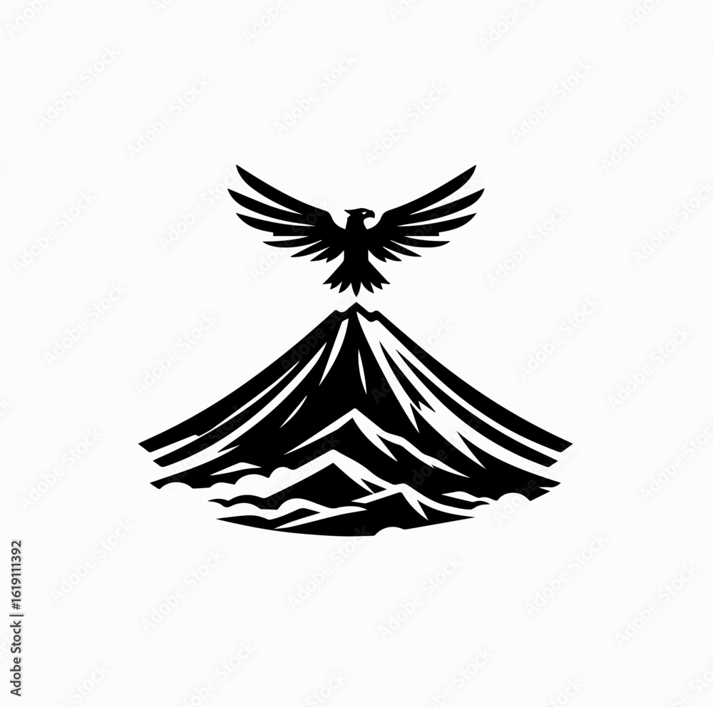Obraz premium Minimalist Black Vector Logo of Mountain with Flying Garuda and Mist Isolated on White Background 