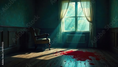 A dimly lit room, a single overturned chair near a pool of blood on the hardwood floor; a dramatic crime scene , floor, interior, forensic