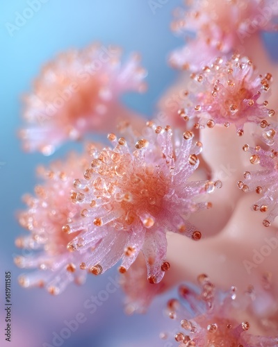 Close-up coral polyps, ocean reef,  blue backdrop,  underwater scene, nature poster