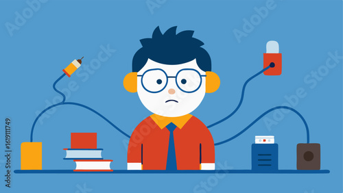 Attempting to Solve A cartoon character sits at a desk surrounded by books and gadgets holding tangled earphones above their head like a fishing line. Their mouth is curled in a