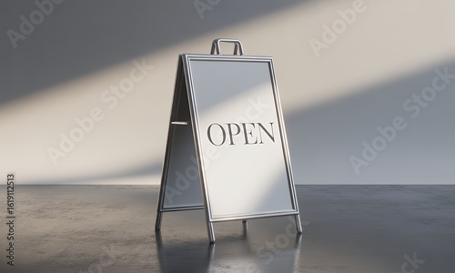 Modern Silver AFrame OPEN Sign Standing on Concrete Floor with Sunlight Shadows for Busines