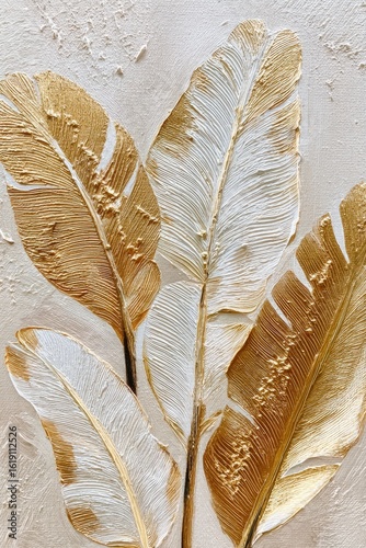 Golden & white banana leaves art, textured background, home decor