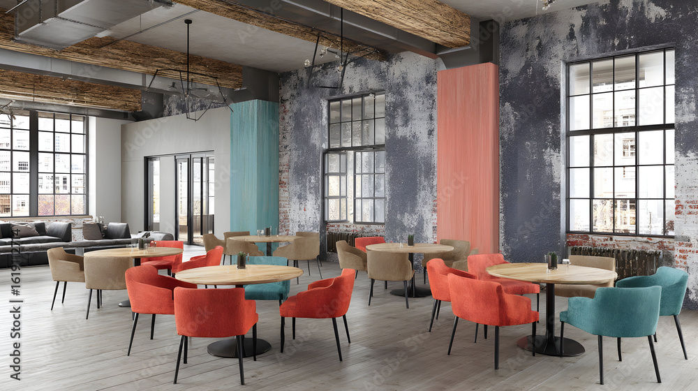 Fototapeta premium Trendy industrial-chic restaurant interior with colorful seating, round tables, distressed walls, and exposed concrete ceilings, offering a modern and inviting atmosphere for dining or lounge.