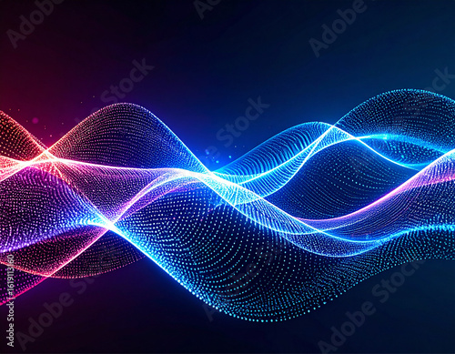 Abstract particle field forming wave patterns, dynamic motion of light points in space, quantum data visualization, dark background, vibrant glow