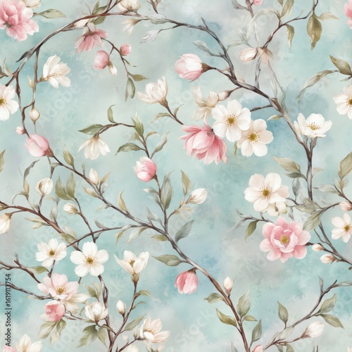 Illustration features delicate pink, white blossoms on tree branches. Soft pastel colors, textured aquamarine background create serene spring botanical beauty. Gentle floral arrangement evokes