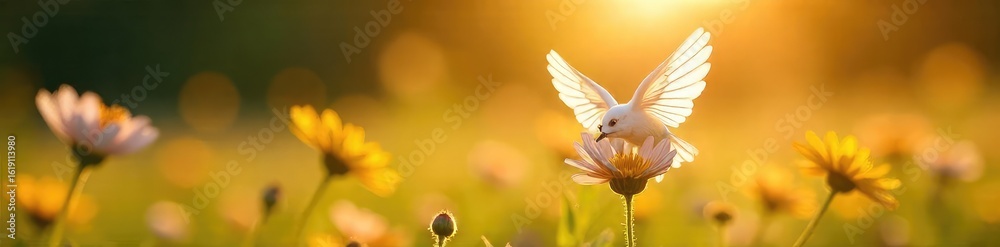 Obraz premium Golden hour sunlight bathes a pair of delicate, white wings in a field of wildflowers A gentle breeze rustles through the petals, creating a serene summer scene , dreamlike, celestial, divine