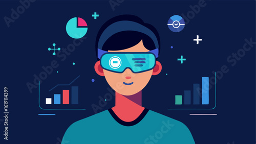 Data Display A view of a person wearing smart glasses with a floating holographic screen showing realtime health metrics like heart rate posture and focus percentage.