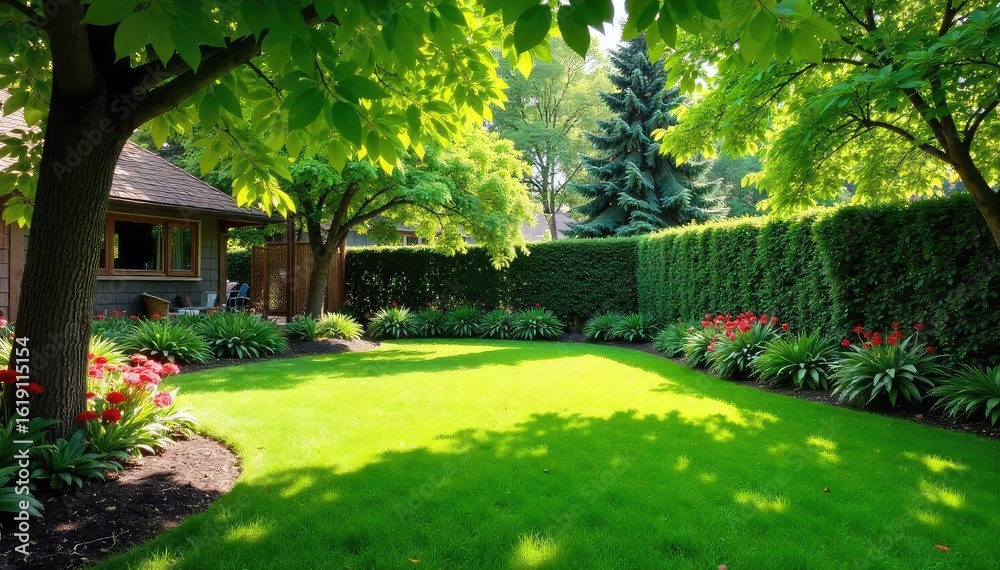 Obraz premium Serene backyard oasis featuring lush green lawn, vibrant flowerbeds, and mature trees providing ample shade Perfect for relaxation and outdoor enjoyment , lawn, landscape design