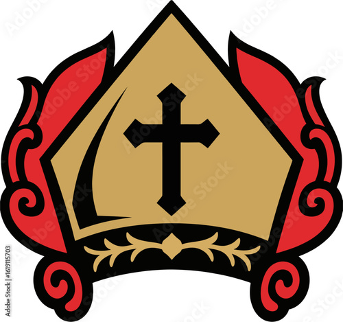 Gold Bishop Mitre with Black Cross and Red Ornamental Swirls – Vector Religious Icon Design
