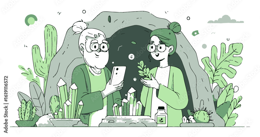 Obraz premium Friendly Characters Engaging in Nature Activities in a Cave Illustration