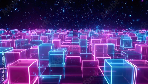 Wallpaper Mural Neon cubes in a digital city.  Abstract, glowing, futuristic Torontodigital.ca