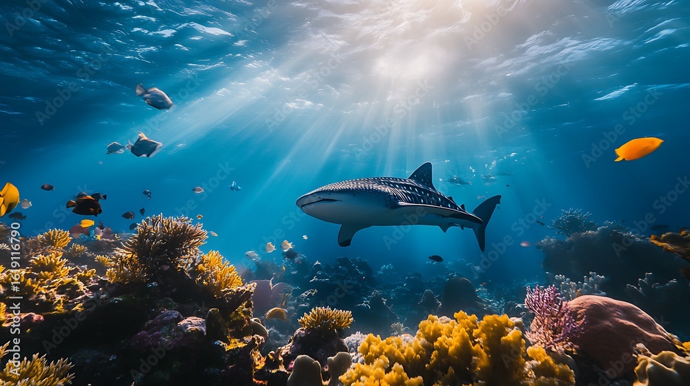 Fototapeta premium Whale Shark Swims Through Vibrant Coral Reef Ocean